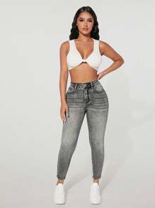 SHEIN PETITE 高腰纽扣缀饰紧身弹力破洞Y2K牛仔裤保暖内衬口袋紧身牛仔裤秋冬季加厚牛仔 - 淺灰色 - 查看 3
