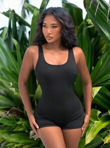 SHEIN Swim Của phụ nữ Một miếng Không tay Đồ bơi - màu đen - Xem 5