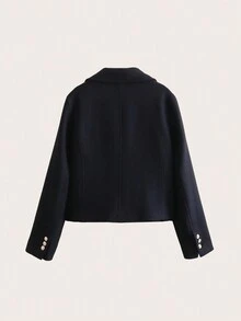 Lapel Double-Breasted Overcoat - Navy Blue - View 3