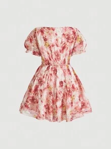 SHEIN MOD Plus size zomerse romantiek tie-dye bloemenprint jurk met pofmouwen, strikknoop en ruches