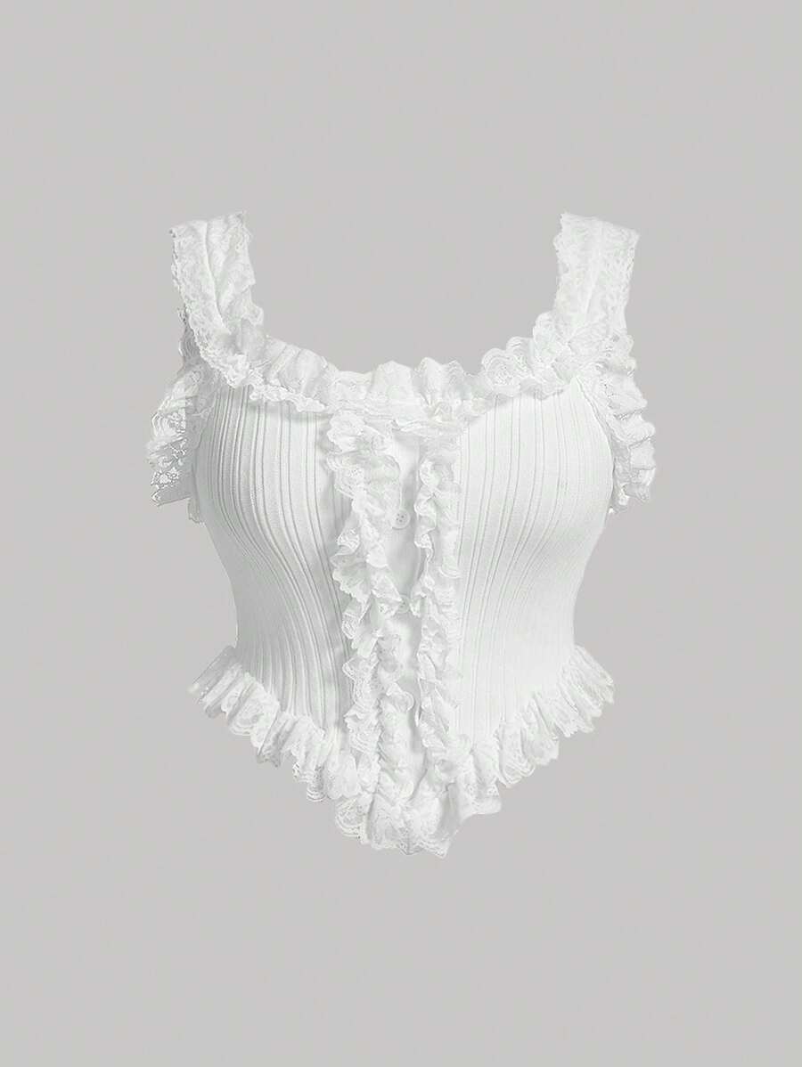 SHEIN MOD Plus Cropped White Lace Rib Knit Top For Women Summer Daily - White - View 1