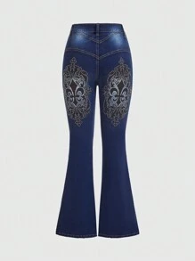ROMWE Fairycore Damen Rhinestone Dekorierte Flare Jeans - Blau - Übersicht 1