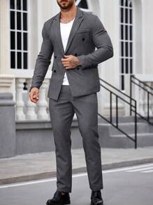 Manfinity Mode Men'S Double-Breasted Suit Set With Lapel Collar - Dark Grey - View 7