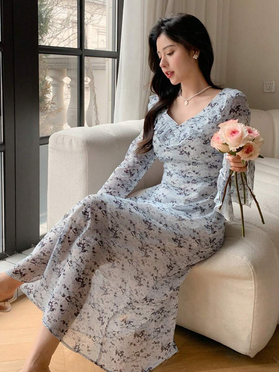 DAZY 女士V领长袖连衣裙,适合春季日常穿着,秋季度假穿搭,复活节波西米亚风。 - 藍色 - 查看 1