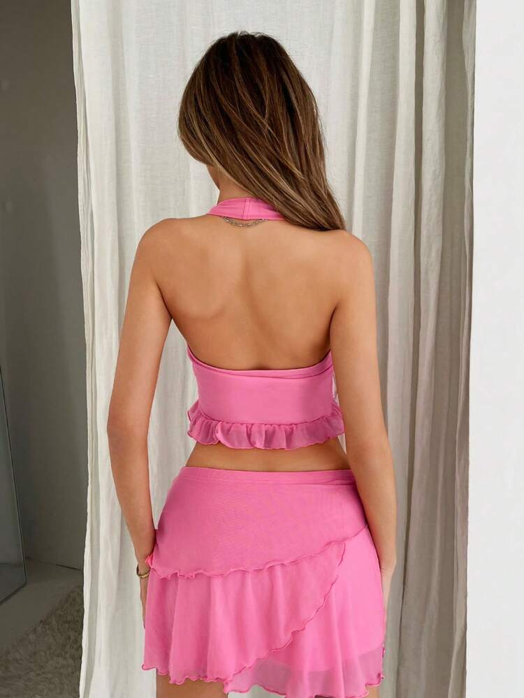 Ruffle Trim Ruched Asymmetrical Hem Mesh Halter Top & Bodycon Skirt