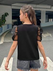 SHEIN Tween Girl Contrast Mesh Bubble Sleeve Round Neck T-Shirt - Black - View 2