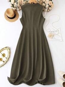 SHEIN Clasi Cộng với kích thước mùa hè Váy không tay thường ngày có nút phía trước - xanh quân đội - Xem 2