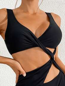 SHEIN Swim Ladies' Solid Color Hollow Out One-Piece Swimsuit, Suitable For Summer - Black - View 4