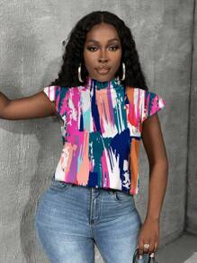 Slaydiva 扎染短款盖袖立领修身女式衬衫 - 白色 - 查看 4