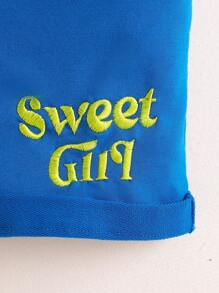 SHEIN 女童两件套休闲运动无袖上衣和字母印花短裤夏季时尚套装 - 寶藍色 - 查看 6