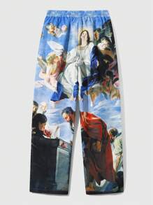 ROMWE MEN Street Life Men's Drawstring Waist Oil Painting Print Casual Pants