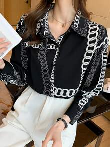 2025春季新款宽松印花个性衬衫 - 长袖时尚通勤雪纺圣诞衬衫（女款）休闲 - 黑色 - 查看 3