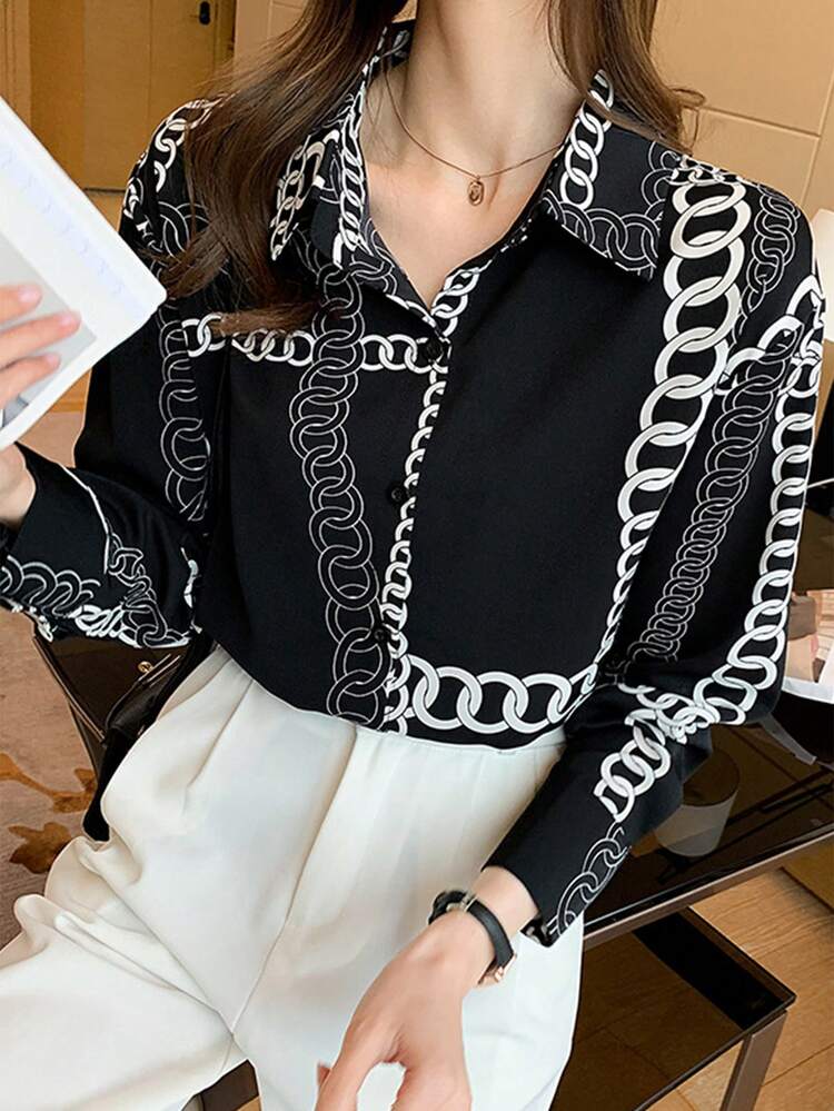 2025春季新款宽松印花个性衬衫 - 长袖时尚通勤雪纺圣诞衬衫（女款）休闲 - 黑色 - 查看 3