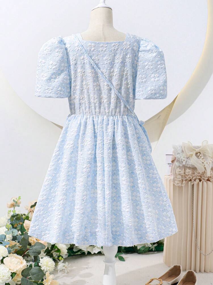 Tween Girl's Summer Casual Jacquard Elegant Ladylike Button Detail Dress