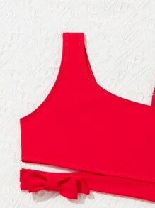 SHEIN 年輕女孩實色上衣＆草莓印花底部泳裝套裝 - 紅色 - 查看 3