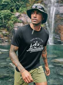 SHEIN In My Nature Maglietta A Maniche Corte Da Uomo Con Stampa Di Slogan Di Montagna Per Attività Outdoor - nero - Visualizzare 1