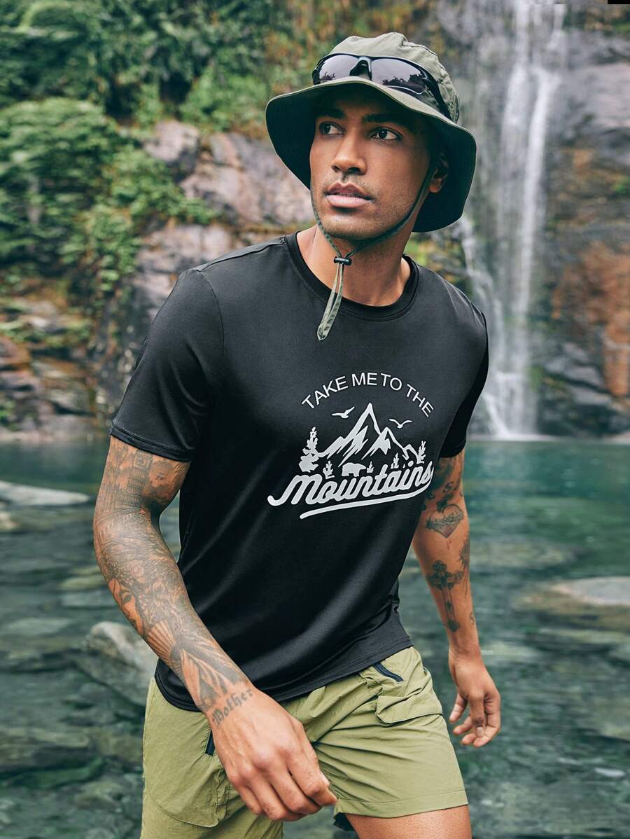 SHEIN In My Nature Maglietta A Maniche Corte Da Uomo Con Stampa Di Slogan Di Montagna Per Attività Outdoor - nero - Visualizzare 1