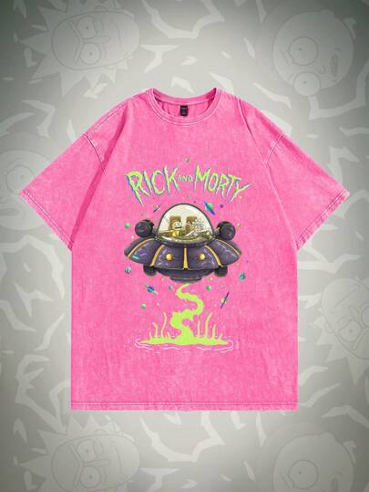 Rick and Morty | ROMWE Camiseta con estampado de alien y eslogan para hombre, escuela