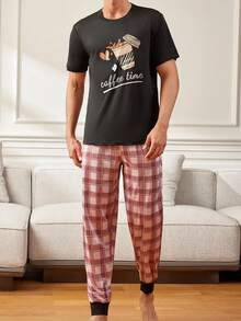 男士咖啡圖案短袖t恤居家套裝 - 彩色 - 查看 6