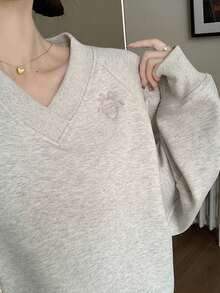 字母刺绣插肩袖套头衫，长袖上衣 - 灰色 - 查看 6