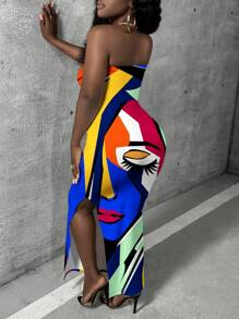Slaydiva Women's Summer Abstract Printed Bodycon Strapless Dress With Side Slit - Multicolor - View 2