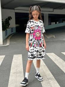 SHEIN Tween Girls' Cool And Sweet Sports Tie Dye Knitted Short Sleeve Dress For Spring/Summer - Multicolor - View 3