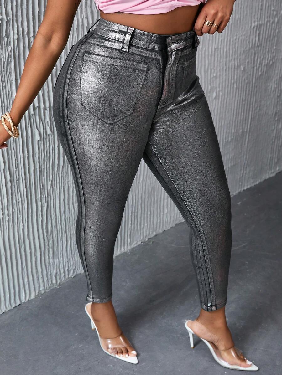 SHEIN SXY Y2k風格金屬情人節派對性感高腰修身銀色彈力中大碼女士牛仔褲 - 彩色 - 查看 1