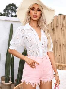 GENKIRA Hollow Out Puff Sleeve Embroidered Women's Casual Holiday Shirt - White - View 1