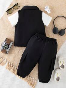 寶寶男孩酷炫運動3入組簡單字母印花短袖t恤、背心和夏季運動褲 - 黑色 - 查看 2