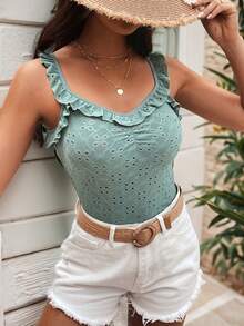 SHEIN Frenchy Mùa hè Màu xanh lá Không tay Áo Với Xếp Chi tiết , Thêu Và Cắt ra Hem Thiết kế - màu xanh lá - Xem 2