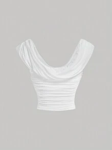 SHEIN MOD Áo phông trắng nữ tính lãng mạn có thiết kế cổ xếp ly - trắng - Xem 2