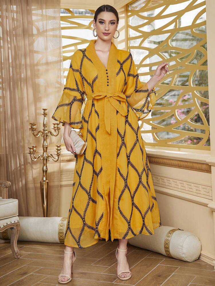 Women's Geometric Print Long Kaftan With Bell Sleeves - Arabic Traditional Dress
