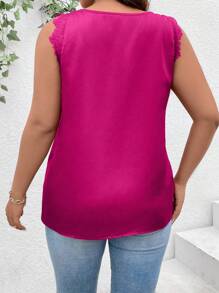 Elenzga Plus Size Summer Casual Lace Patchwork V-Neck Sleeveless Top For Going Out - Hot Pink - View 2