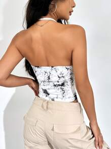 SHEIN EZwear Top De Halter Con Pliegues Con Estampado Tie Dye, Espalda Abierta Y Escote De Amarre