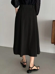 FRIFUL Women's Black Knee Length Skirt With Pockets - Black - View 2