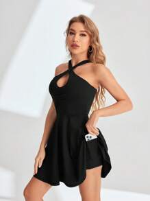 SHEIN Sports Solid Color Hollow Out Halter Neck Sports Dress - Black - View 1