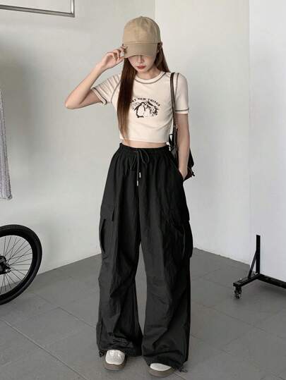 DAZY 女士纯色口袋设计宽松百搭工装裤 Y2k