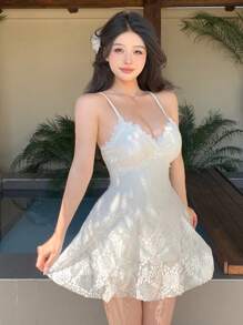 DAZY 女士透明网眼细肩带连体泳衣，适合夏季度假海滩 - 白色 - 查看 3