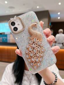 Rhinestone Peacock Decor Phone Case Compatible With iPhone15/15Plus/15Pro/15Promax