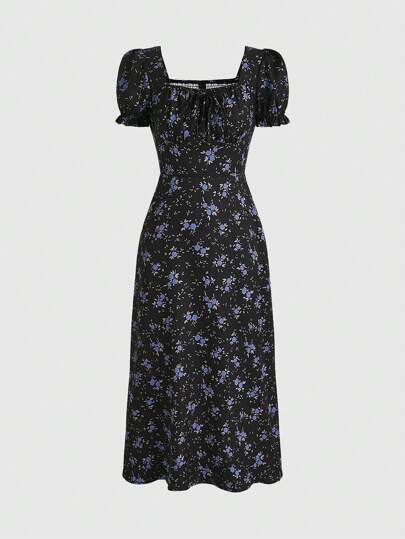 ROMWE Goth Women's Casual Floral Print Puff Sleeve Dress With Square Neckline, Ideal For Summer Outdoors