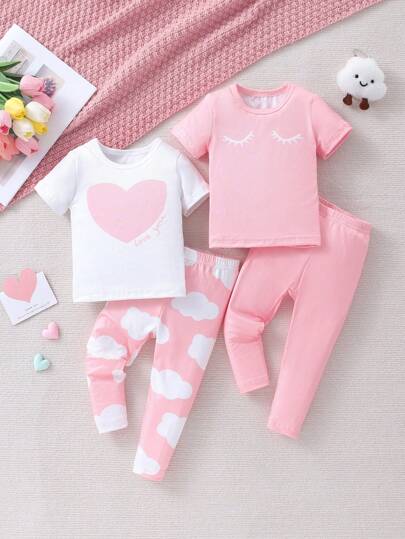 Baby Girl Cute Heart & Eyelash Print Long Pants And Short Sleeve Top 2 Pieces Set, Tight Pajamas For Home