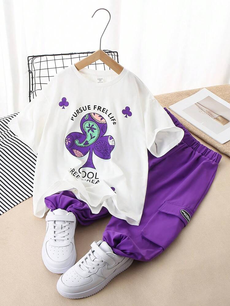 Tween Boys' Loose Fit Round Neck Short Sleeve Patterned T-Shirt And Jogger Pants 2pcs/Set