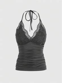 ROMWE PUNK Contrast Lace Halter Top - Dark Grey - View 5