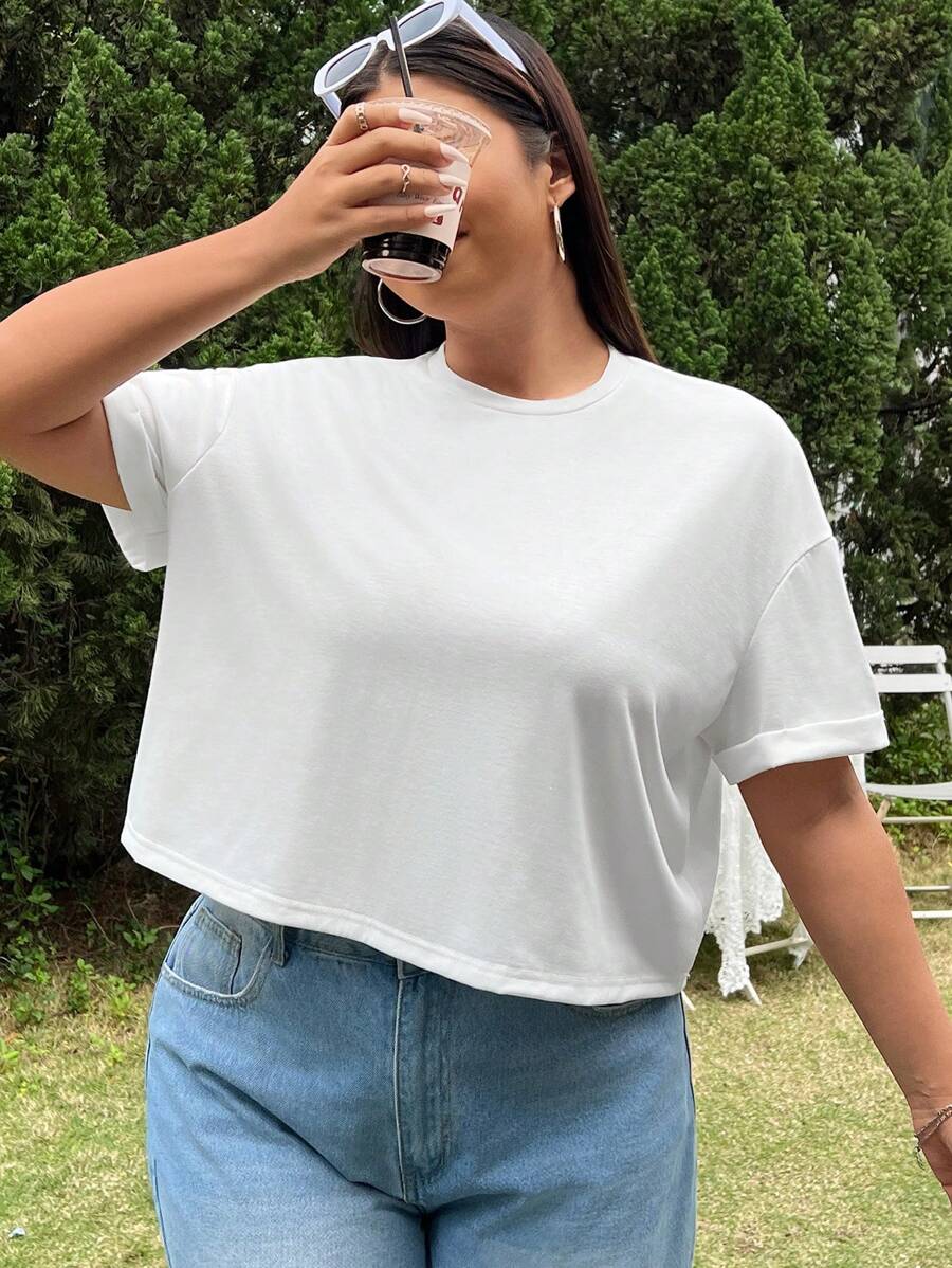 SHEIN EZwear Plus Size Summer Casual Short Cropped White T-Shirt - White - View 1