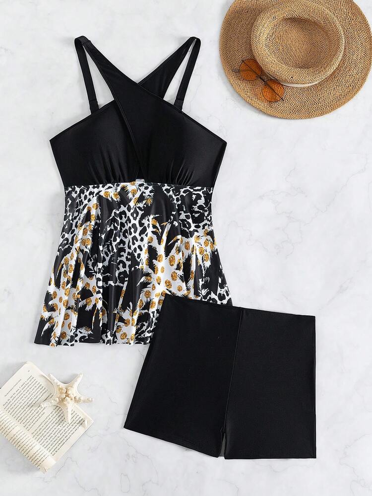 Summer Women's Coconut Tree & Leopard Print Cross Halter Neck Two-Piece Swimwear