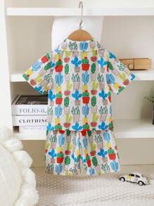 Baby Boy's Casual Cactus Print Short Sleeve Shirt With Button Front And Shorts Pajama Set - Multicolor - View 2