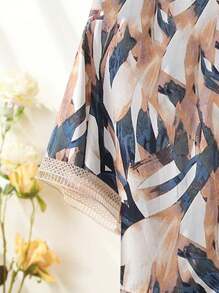 EMERY ROSE 大尺碼女士夏季植物印花v領短袖上衣和褲子套裝,適合休閒寬鬆穿著 - 彩色 - 查看 4