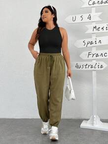 SHEIN EZwear 女士加大尺碼高彈性針織純色夏季背心上衣 - 黑色 - 查看 6