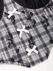 Sweetra 夏季休閒格紋拼接褶皺泡泡袖襯衫,適用於外出穿著 - 彩色 - 查看 5