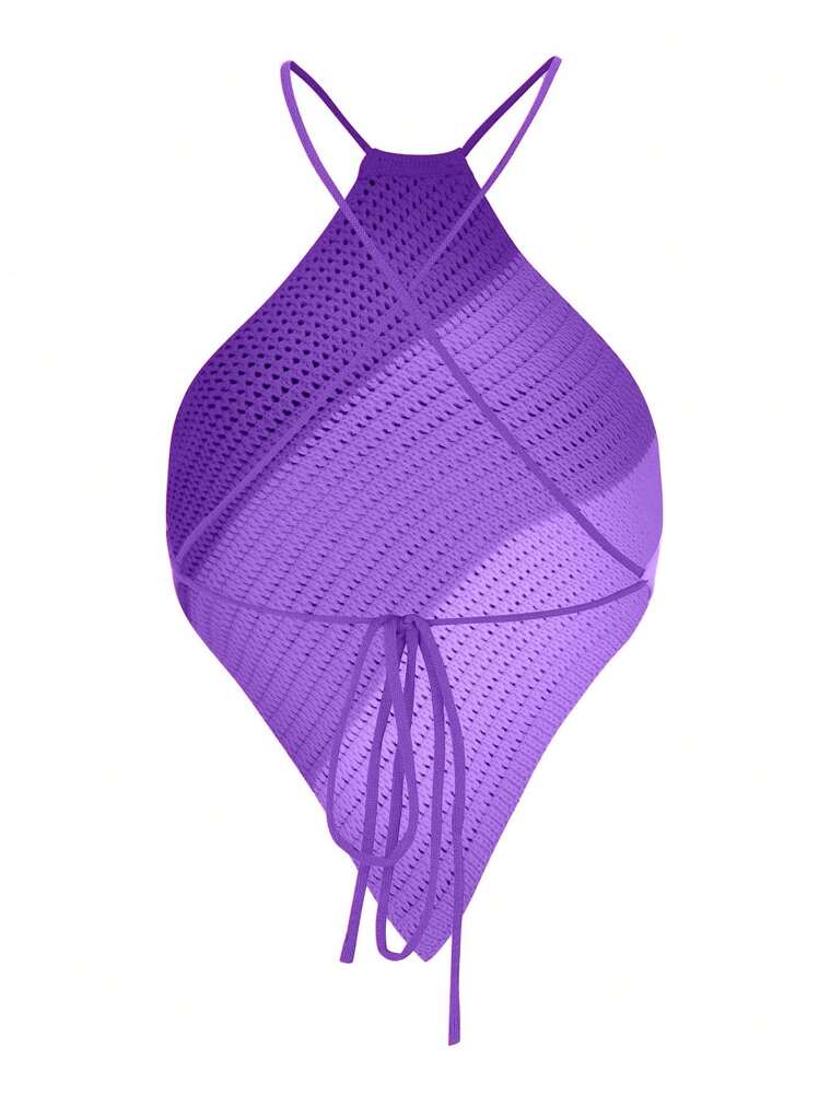 EgrlEra Summer Colorblock Asymmetrical Hem Knit Top With Backless Design And Halter Neck - Purple - View 2